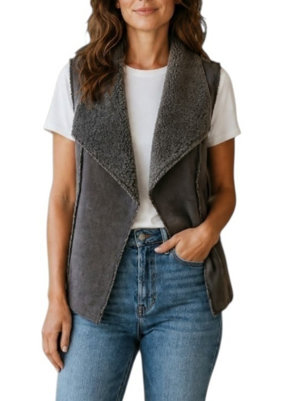 Neiman Marcus Charcoal Gray Faux Suede Sherpa Trim Open Front Vest Size XS